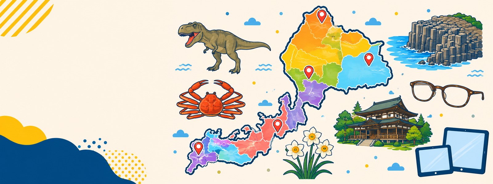 福井県の地図と、恐竜・東尋坊・越前がに・めがね・永平寺・越前水仙のイラスト