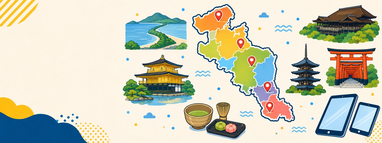 京都府の地図と、清水寺・伏見稲荷の千本鳥居・五重塔・金閣寺・抹茶と和菓子・天橋立のイラスト