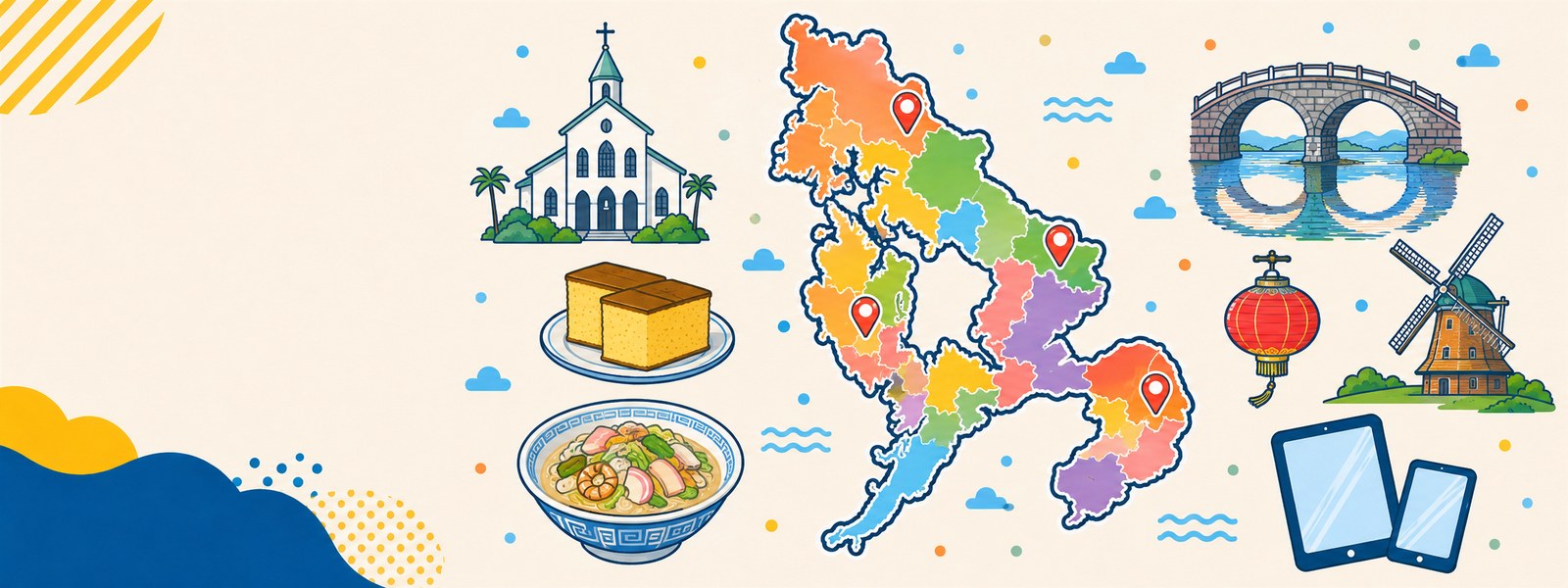 長崎県の地図と、大浦天主堂・カステラ・ちゃんぽん・眼鏡橋・ランタン・オランダ風車のイラスト