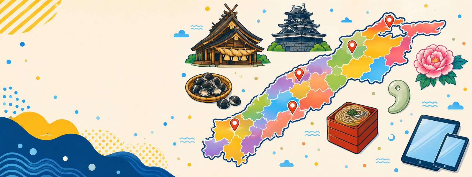 島根県の地図と、出雲大社・松江城・宍道湖のしじみ・牡丹・勾玉・出雲そばのイラスト