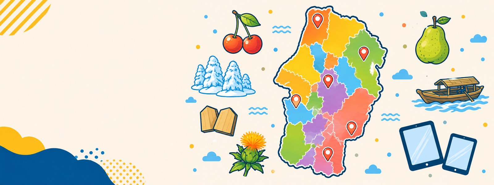山形県の地図と、さくらんぼ・蔵王の樹氷・将棋の駒・紅花・ラ・フランス・最上川の舟のイラスト